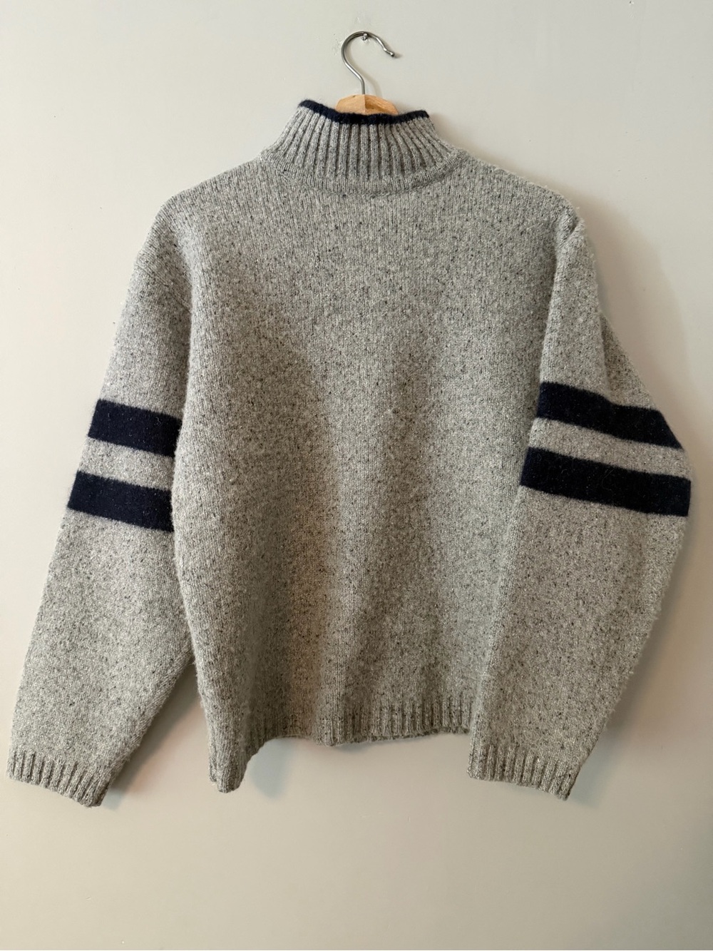 Heather Gray Turtleneck Sweater with Navy Stripe Detail
